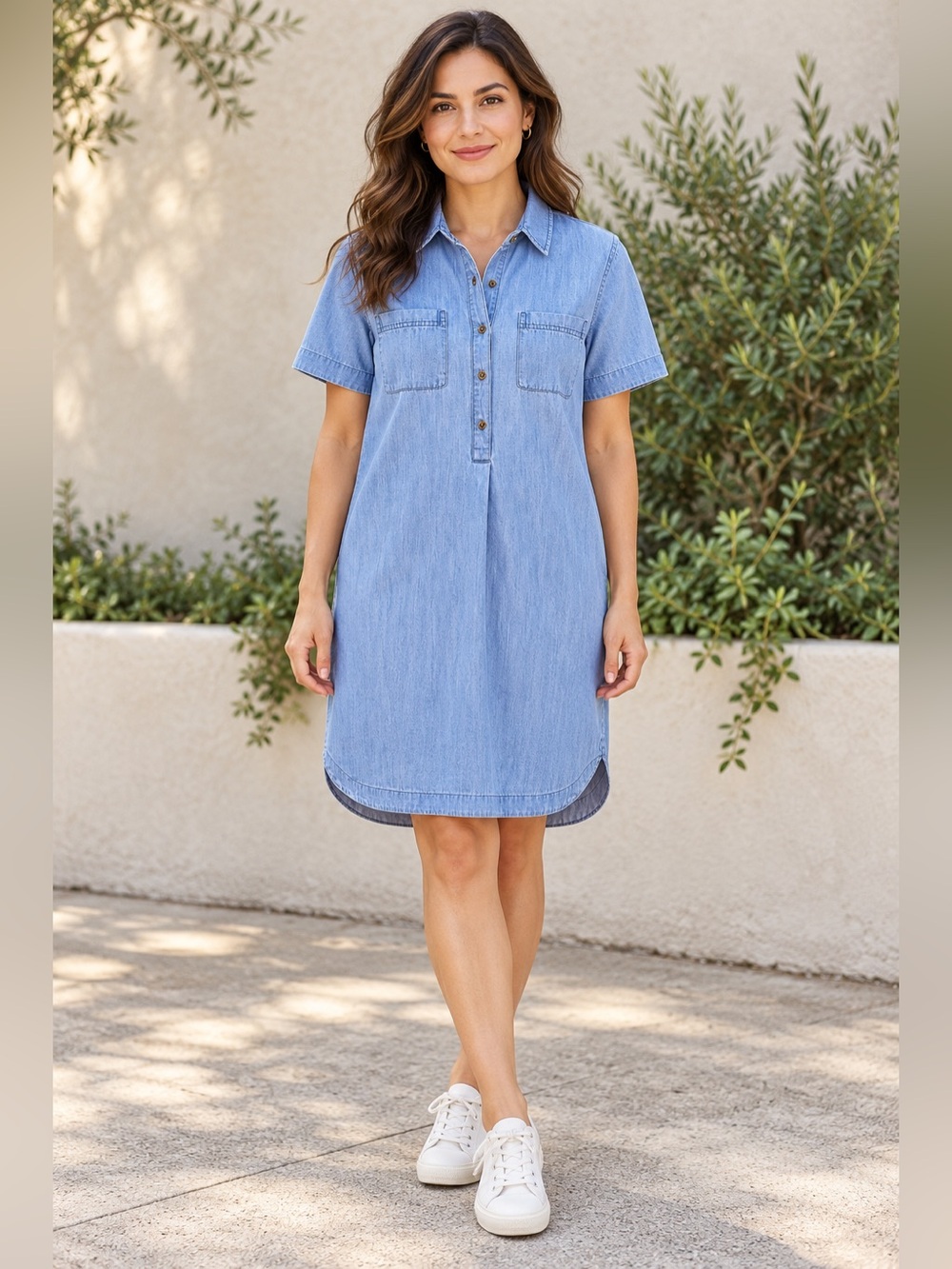 Old Navy Chambray Shirt Dress Blue Short Sleeve Button Front L Petite